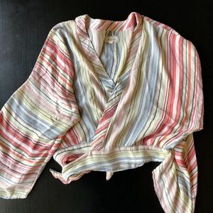Multicolor long wide sleeve wrap top